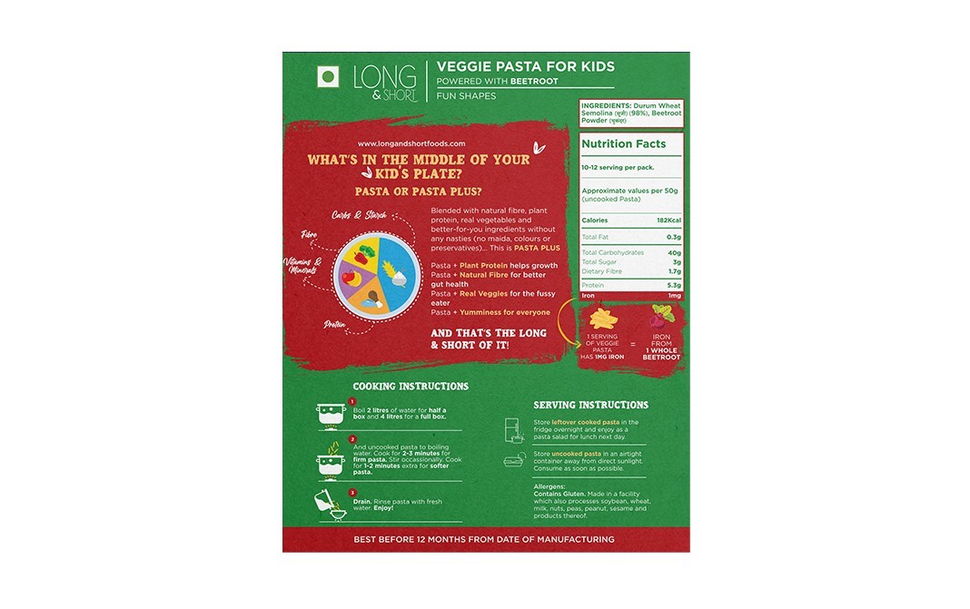 Long & Short Junior Veggie Pasta For Kids Powered With Beetroot   Box  250 grams